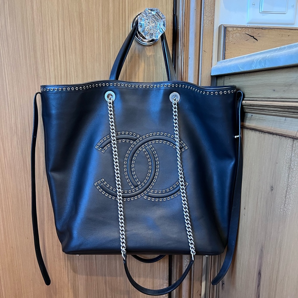 CHANEL COCO EYELET LARGE SHOPPING TOTE Black Calfskin Chain CC Bag Rare